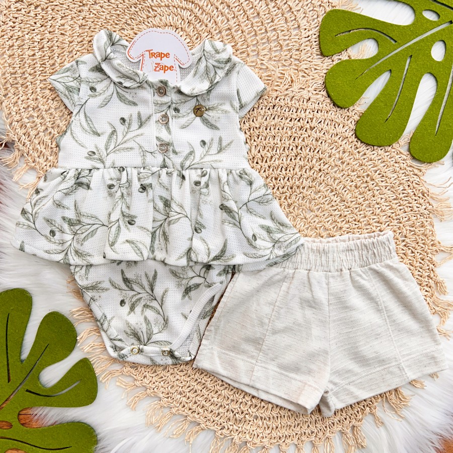 Conj. Body Plantinhas com Gola e Short em Linho - Verde